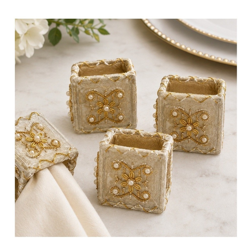 Pier 1 Imports Napkin Rings‎ Set of 4 Beaded Faux Pearl Gold Mesh Square Ornate